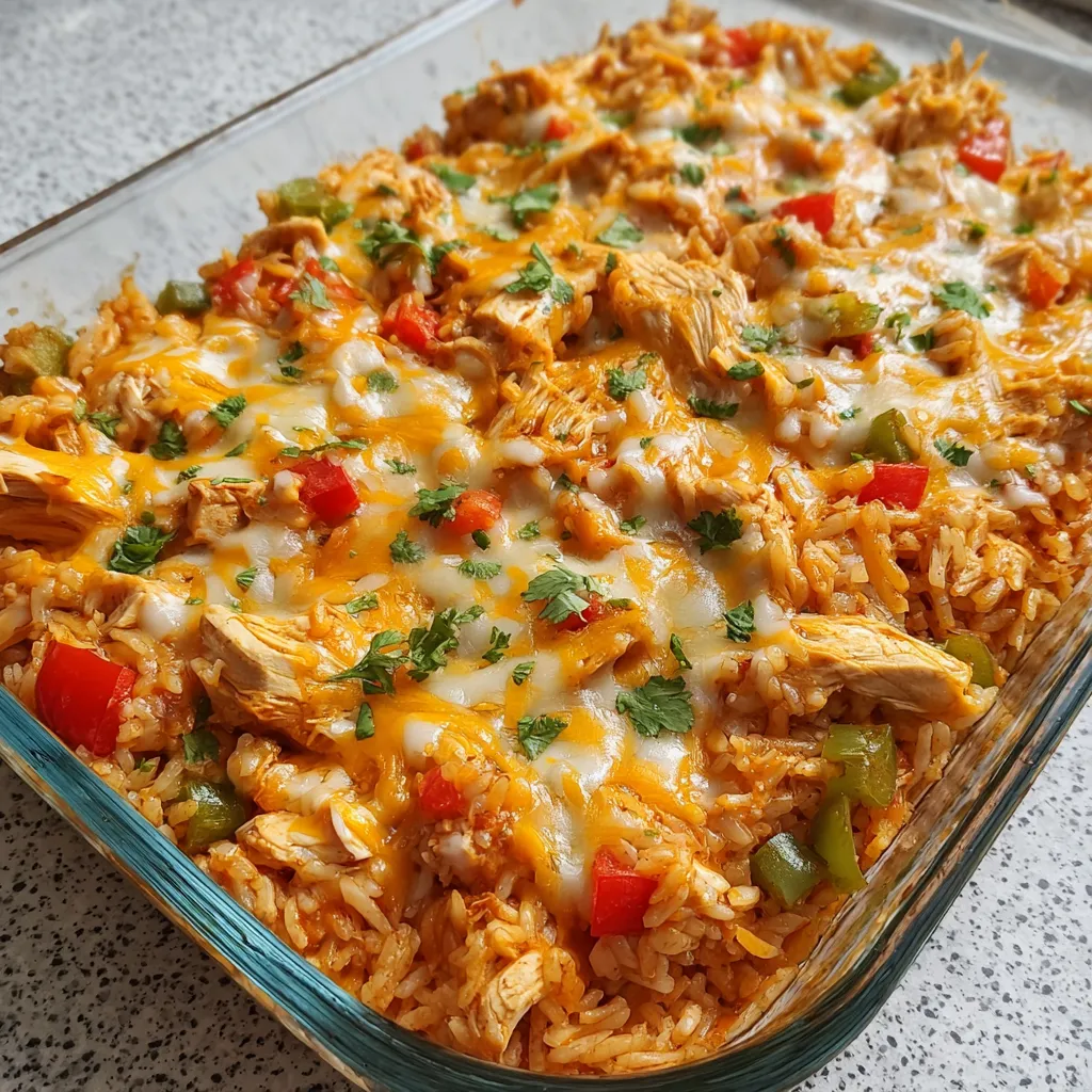 Chicken and rice bake in a pan.