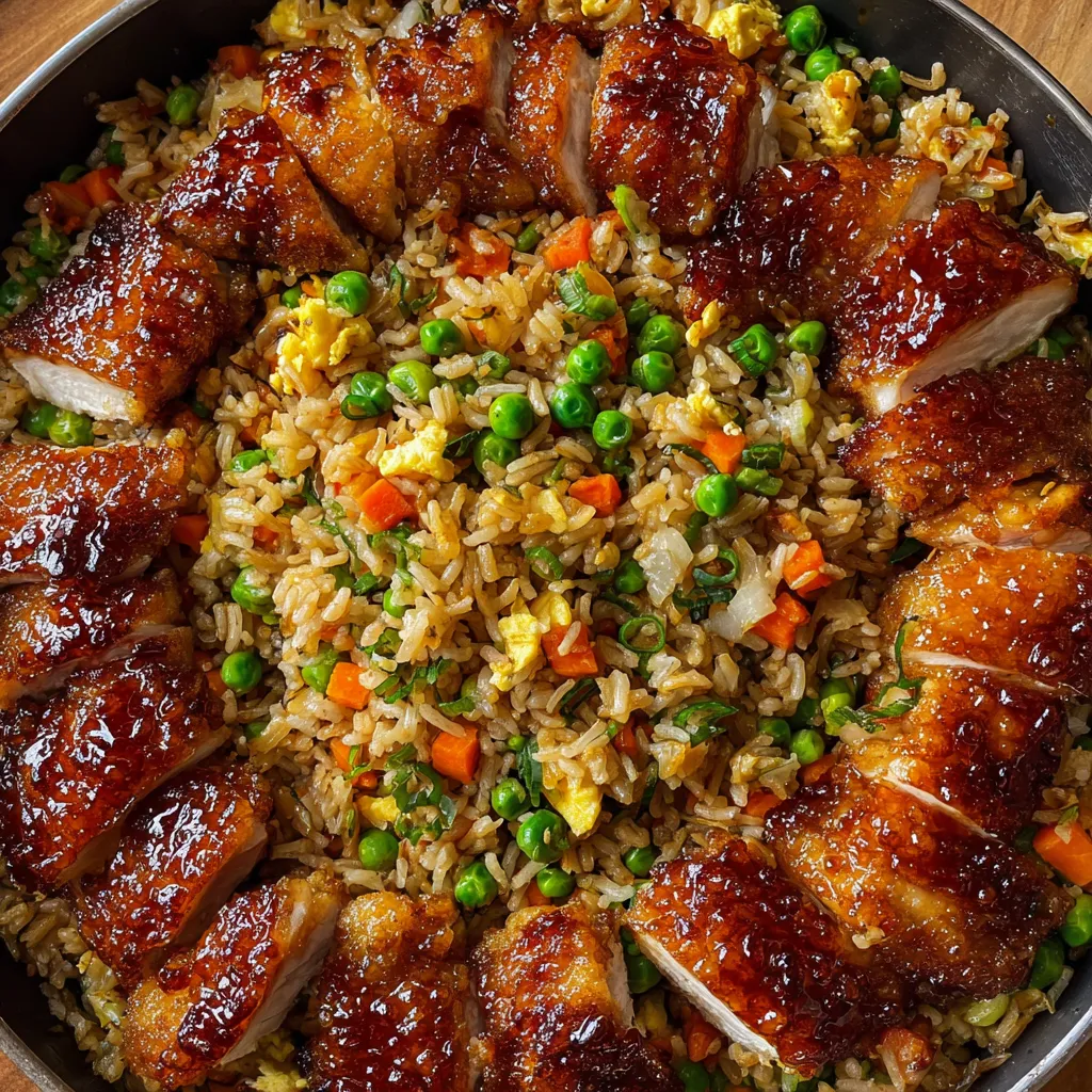 Rice with colorful veggies and golden chicken chunks on a plate.