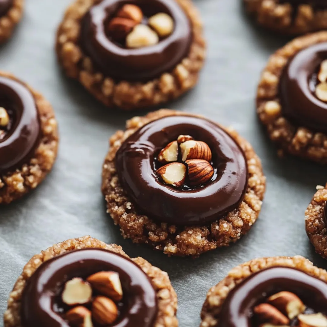 Chocolate cookies topped with chopped hazelnuts.