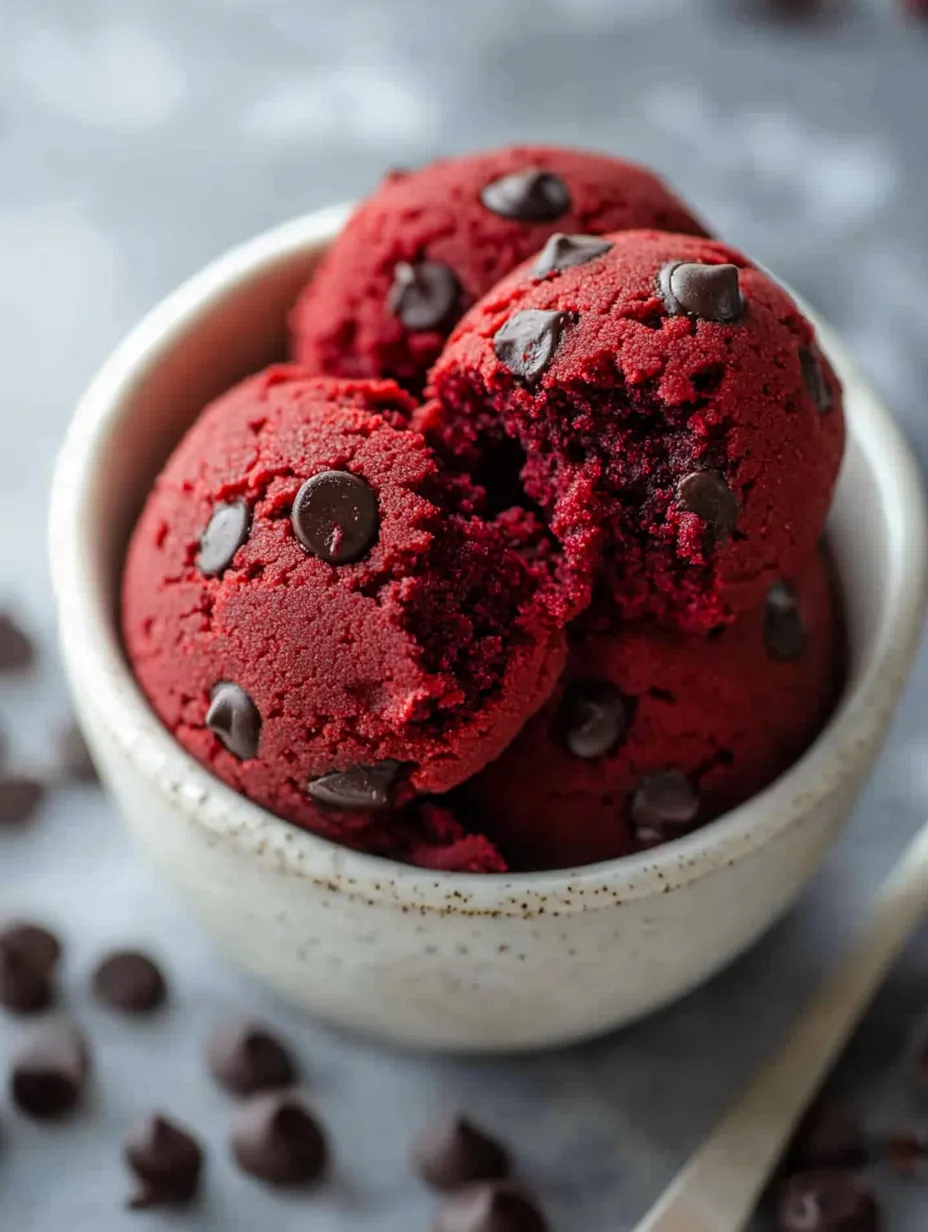 A bowl with red velvet dough and chocolate chips.