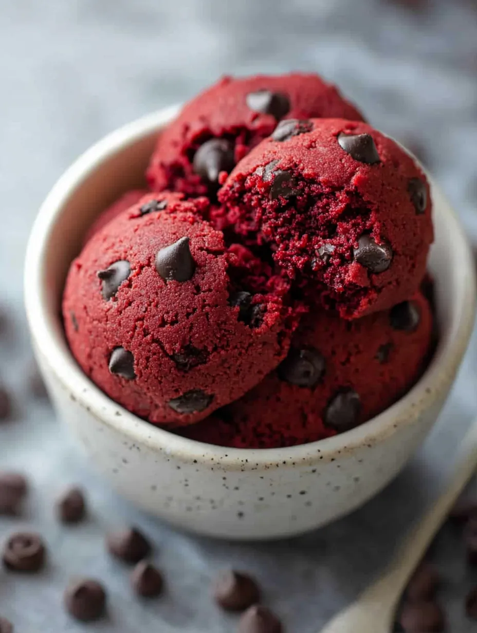 A bowl with red velvet dough and chocolate chips.