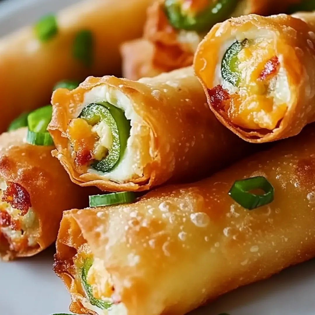 Plate piled with cheesy, pepper-packed egg rolls.