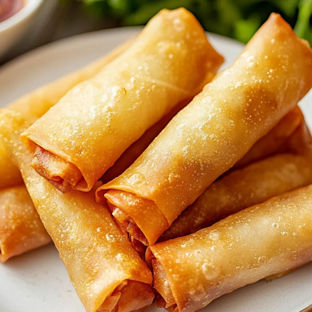 A plate stacked with golden spring rolls and a bowl of dipping sauce.