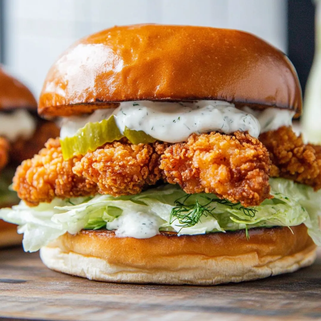 Sandwich piled with lettuce and creamy sauce.