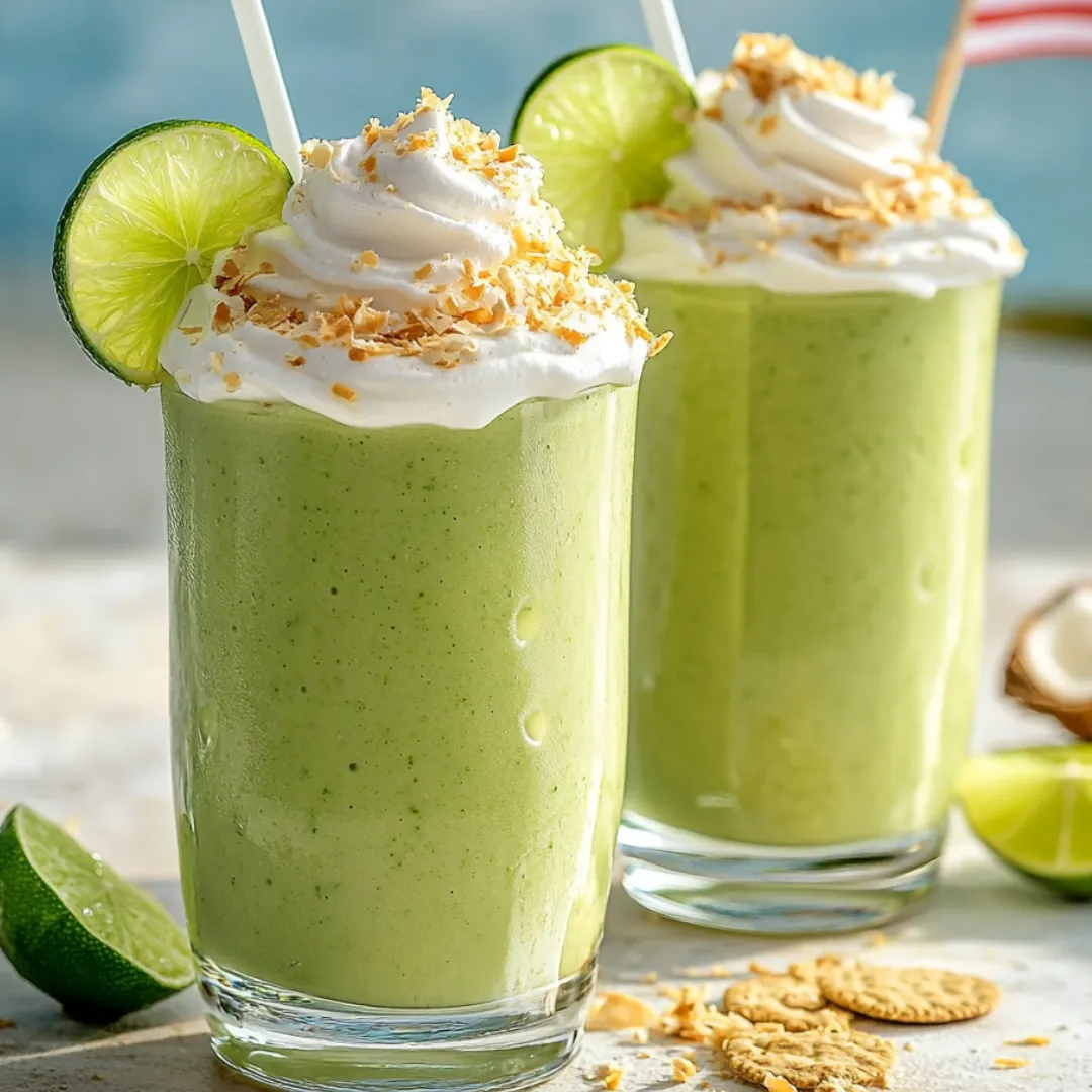 Two glasses brimming with green smoothie, finished with coconut flakes.