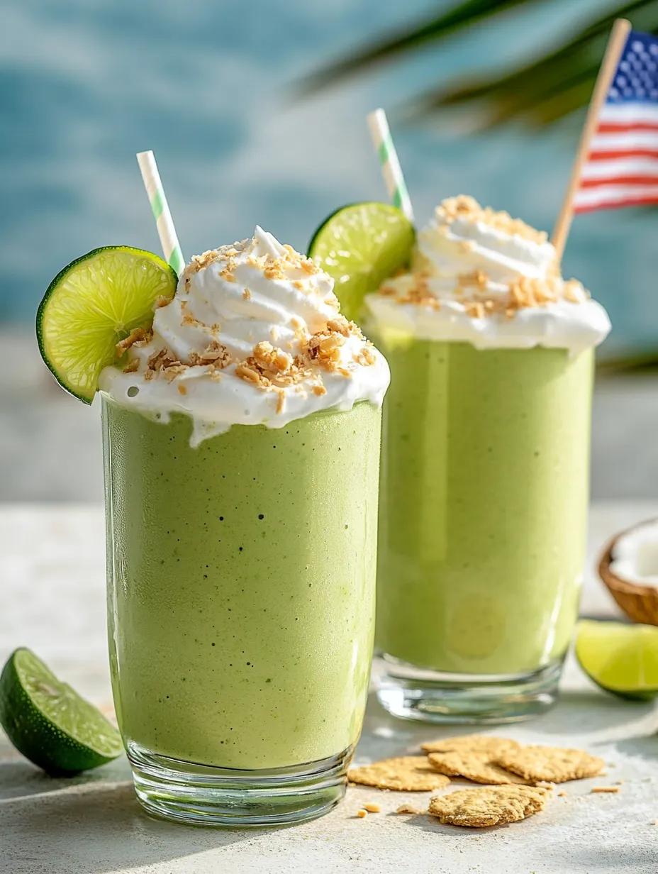 Two glasses filled with green smoothies, surrounded by limes and coconut.