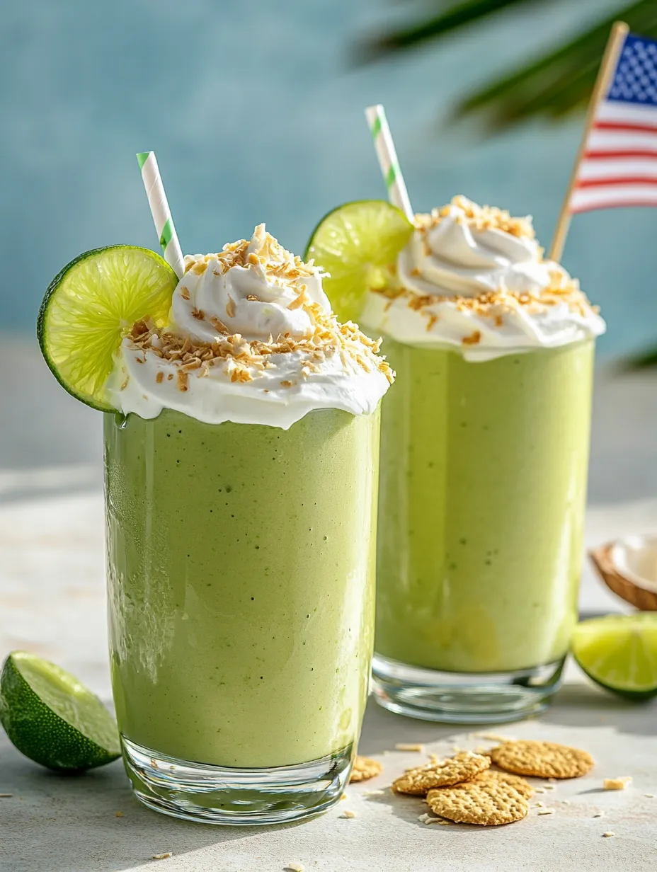 Two tall glasses of green smoothies next to lime wedges.