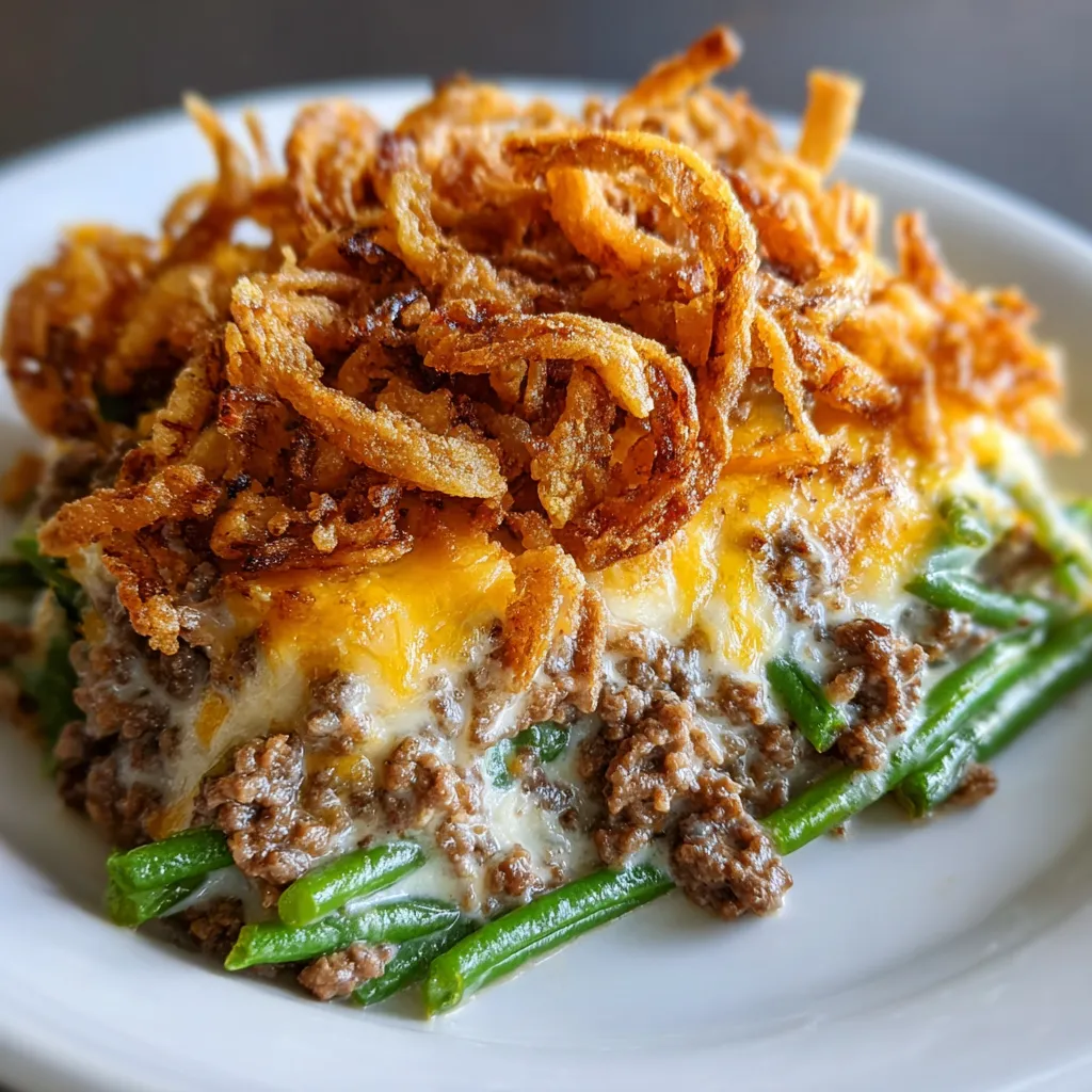 Dinner plate stacked with crunchy onions on top.