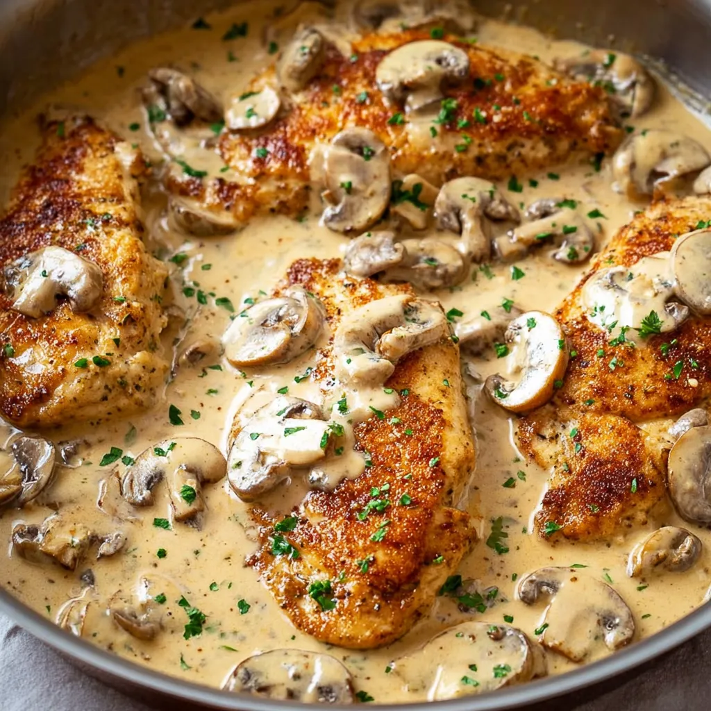 Chicken breasts and mushrooms with fresh herbs in a skillet.
