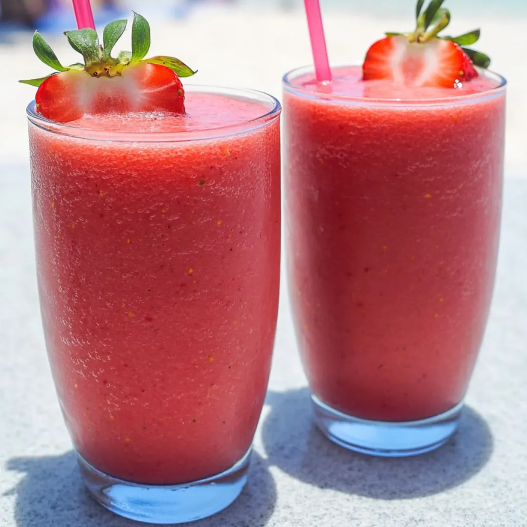 Strawberry smoothies pour into two glass tumblers.