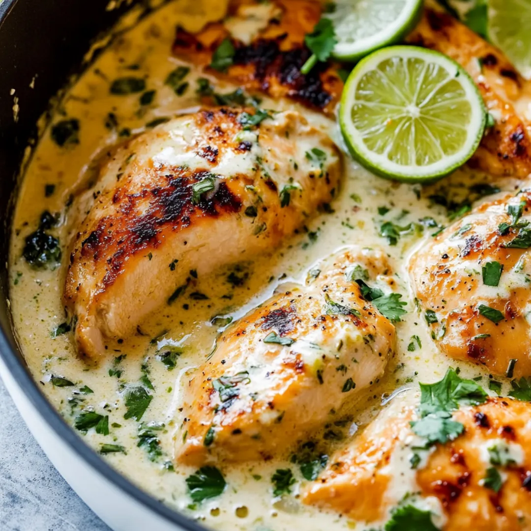 A serving bowl with chicken topped with fresh lime wedges.