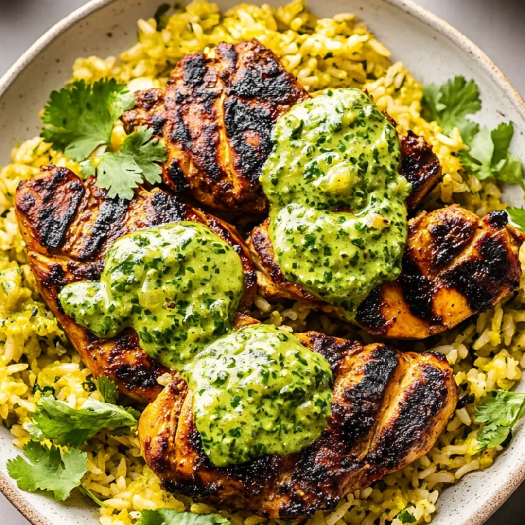 Chicken and rice on a plate with a drizzle of green sauce.