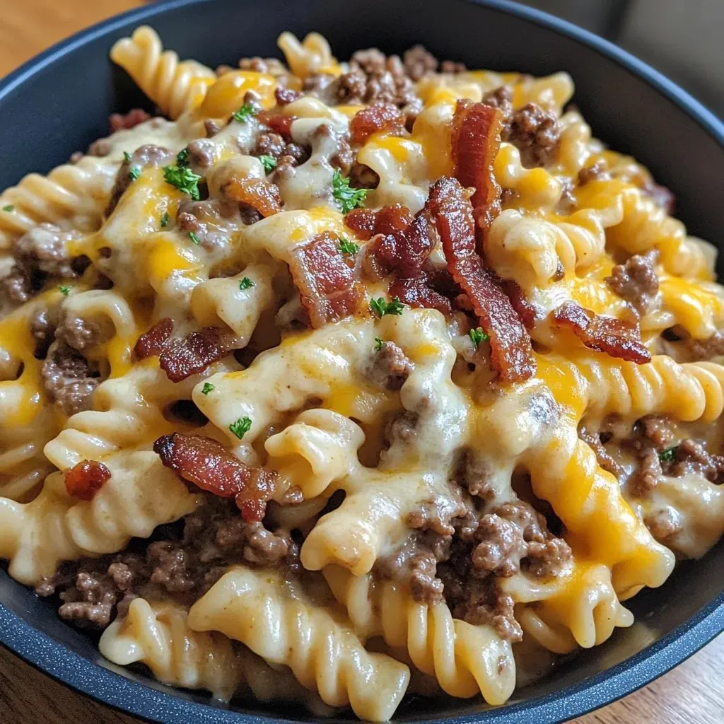Pasta piled in a bowl with savory meat and gooey cheese on top.