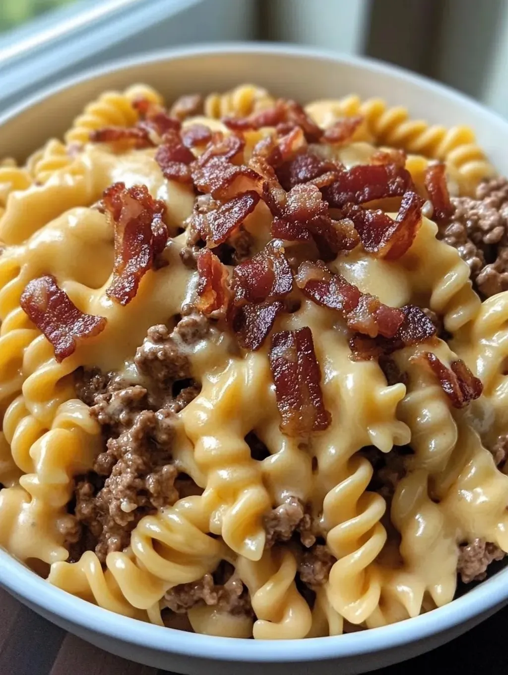 A bowl of pasta loaded with beef bacon and melty cheese.