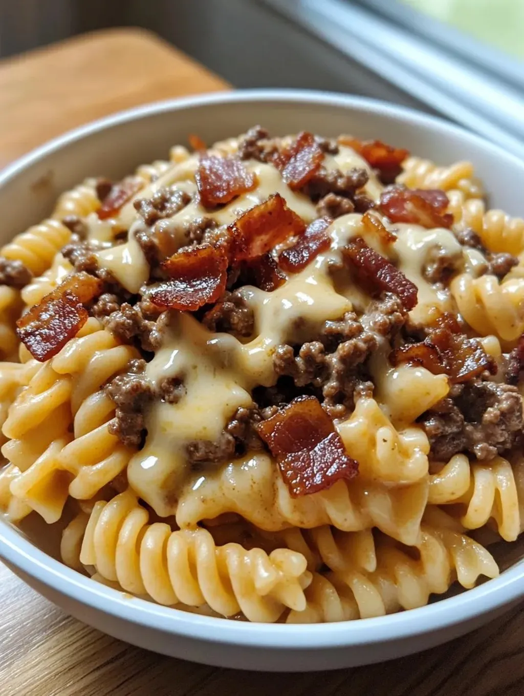 A cozy bowl of pasta with meat and gooey cheese.