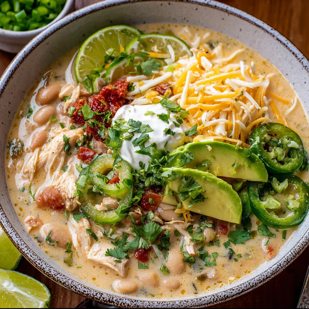 Soup bowl filled with chicken, beans, and avocado chunks.