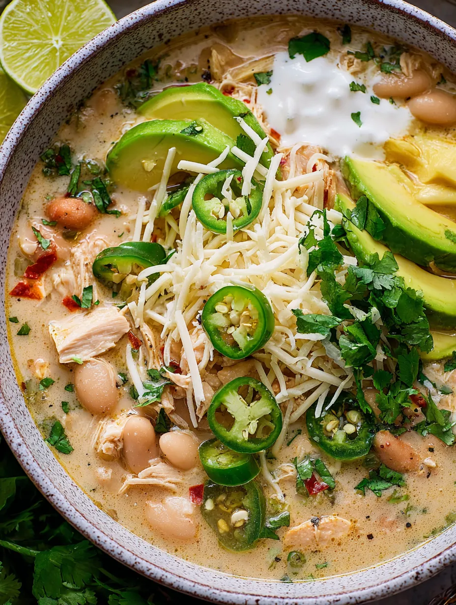 A bowl filled with chicken, beans, avocado slices, and jalapenos on top.
