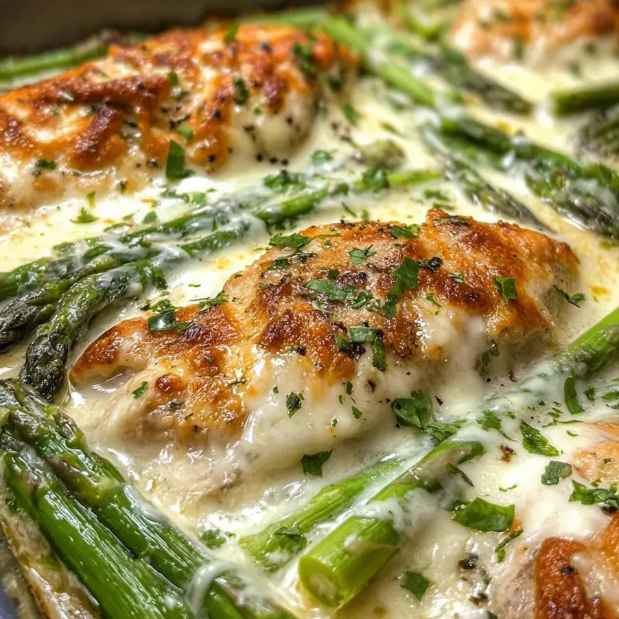 Chicken and asparagus covered in melty cheese.