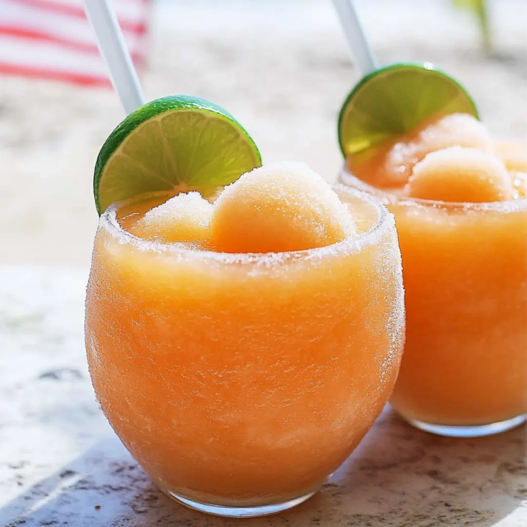 Two chill glasses packed with frozen, pale-pink drinks topped with lime slices.