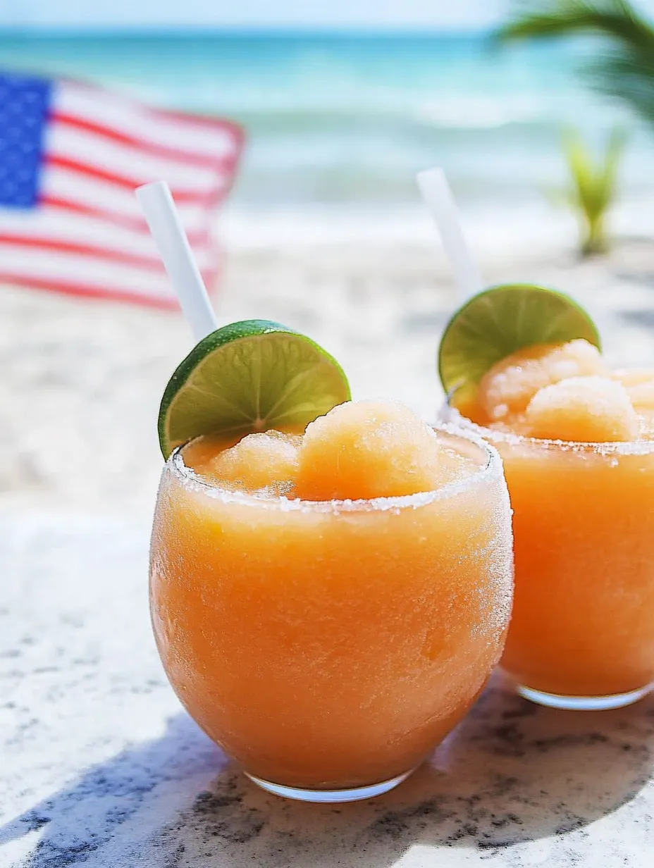 Two glasses holding frozen pink drinks loaded with lime slices on top.