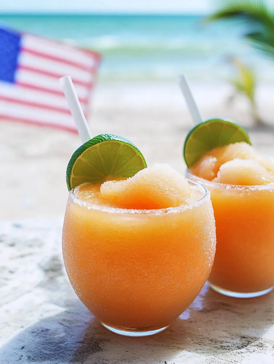 Frozen margaritas in two glasses with lime slices on the sides.
