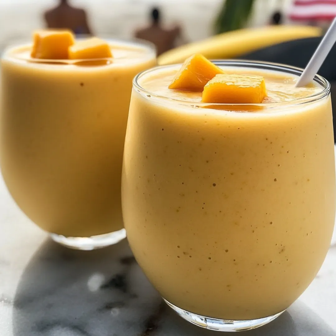 Two glasses of orange juice topped with peach slices sit side by side.