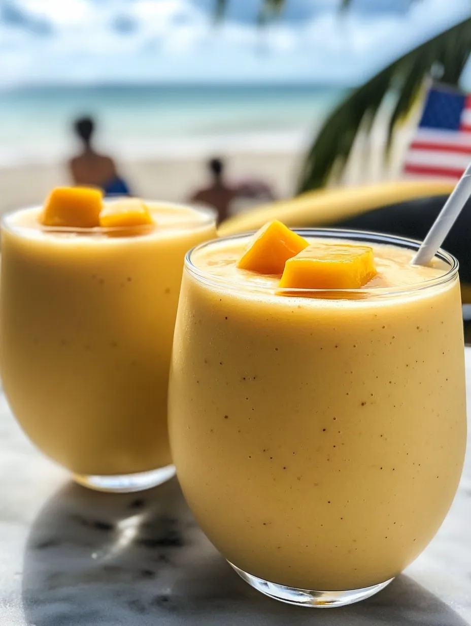 Two glasses full of orange juice, each with peach slices on top.