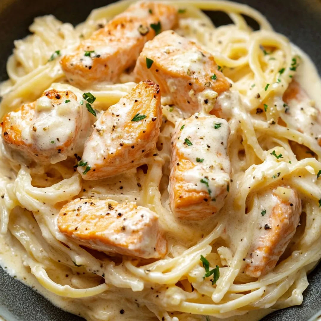 A bowl loaded with creamy pasta, salmon, and parmesan.