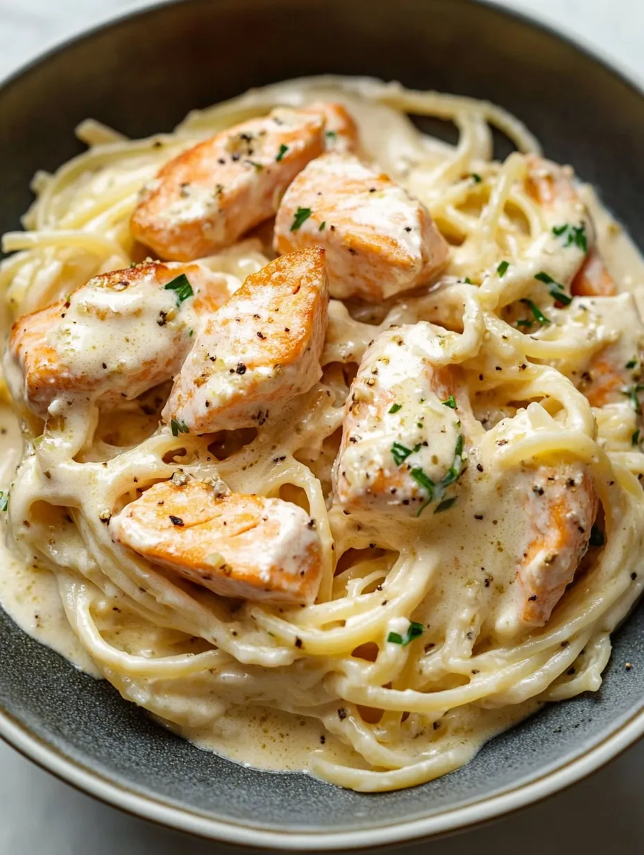 A bowl of pasta topped with chicken and green herbs.
