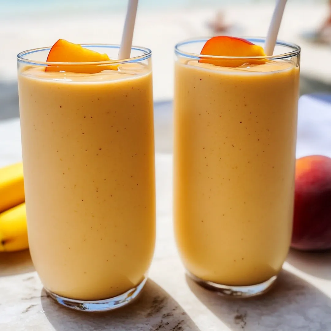 Two peach smoothies in glasses.