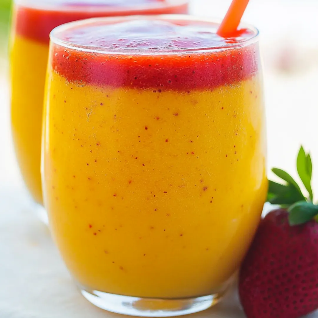 A cup of orange juice with a strawberry on the rim.