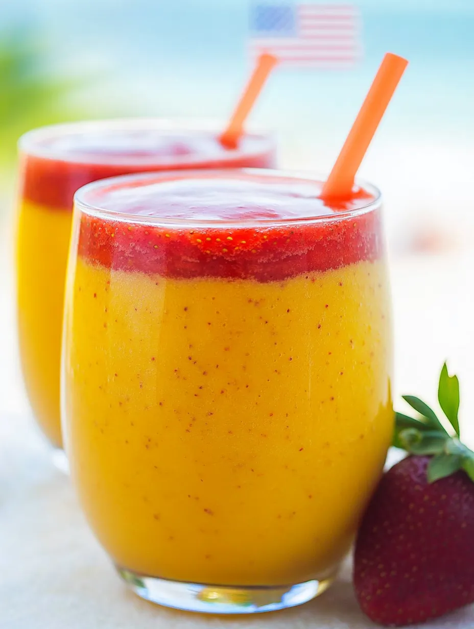Two glasses of orange juice with strawberries.