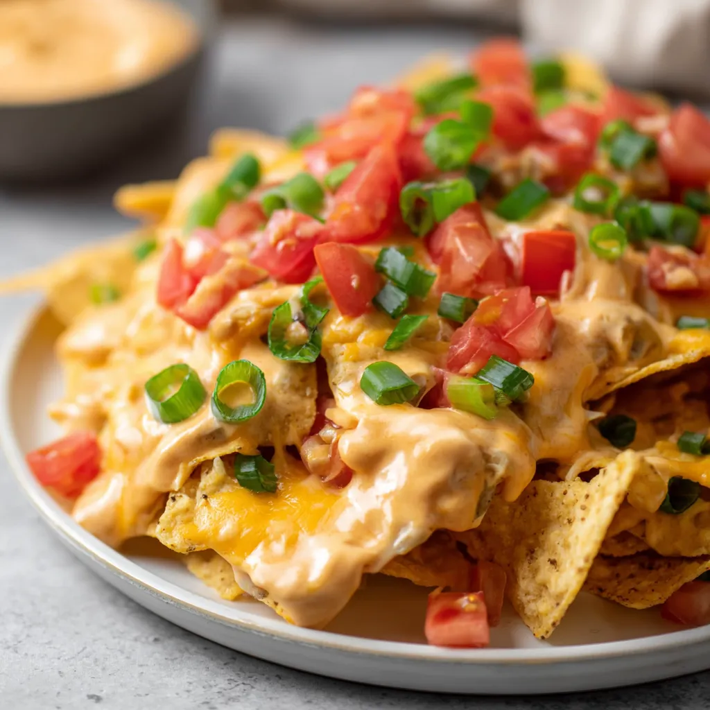 Pile of nachos topped with gooey cheese and chopped tomato.