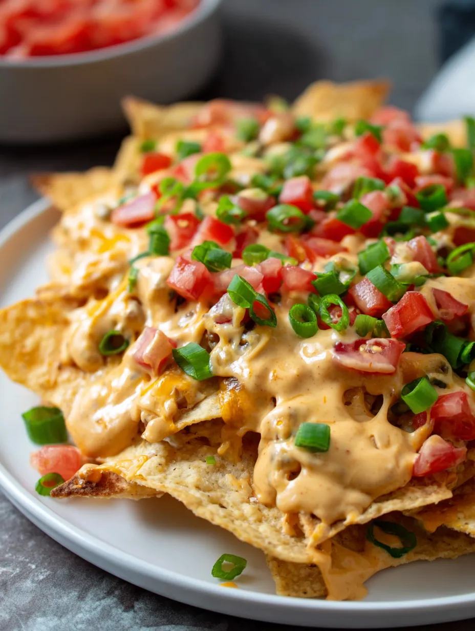 A plate loaded with cheesy nachos and tomatoes.