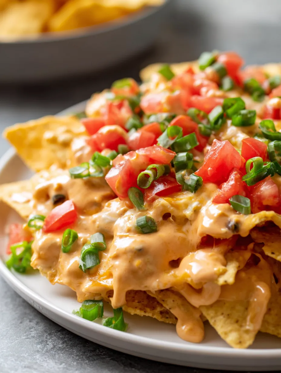 Nachos topped with melty cheese and chunky tomatoes.