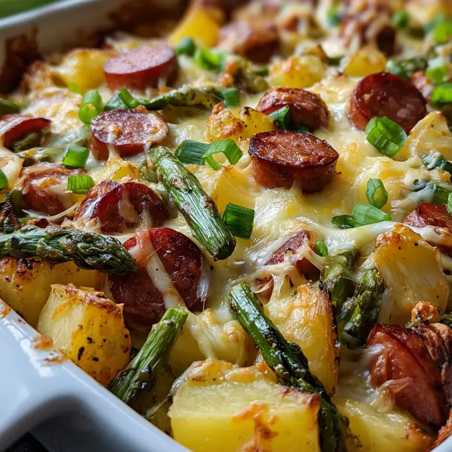 A casserole packed with sausage, potatoes, plus asparagus spears.