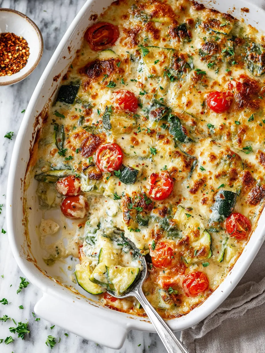 A casserole packed with zucchini, cheese, and tomatoes.