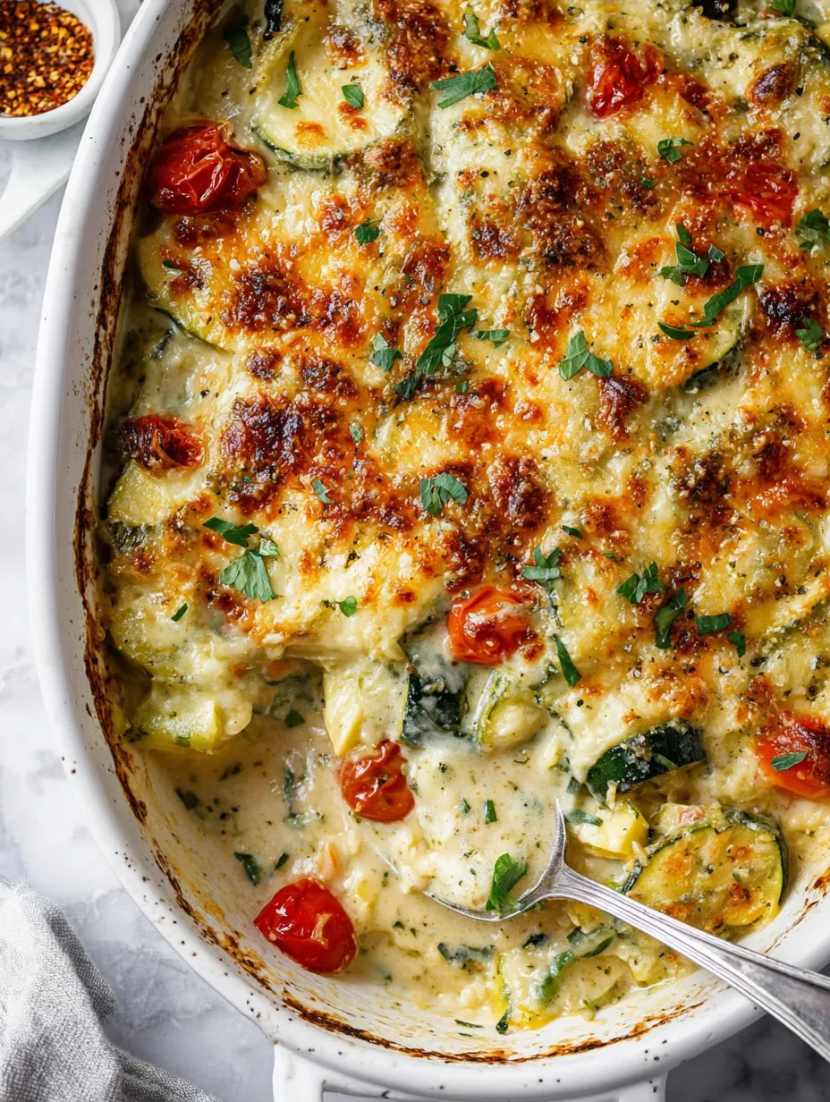 A serving bowl full of veggie bake with a spoon resting inside.