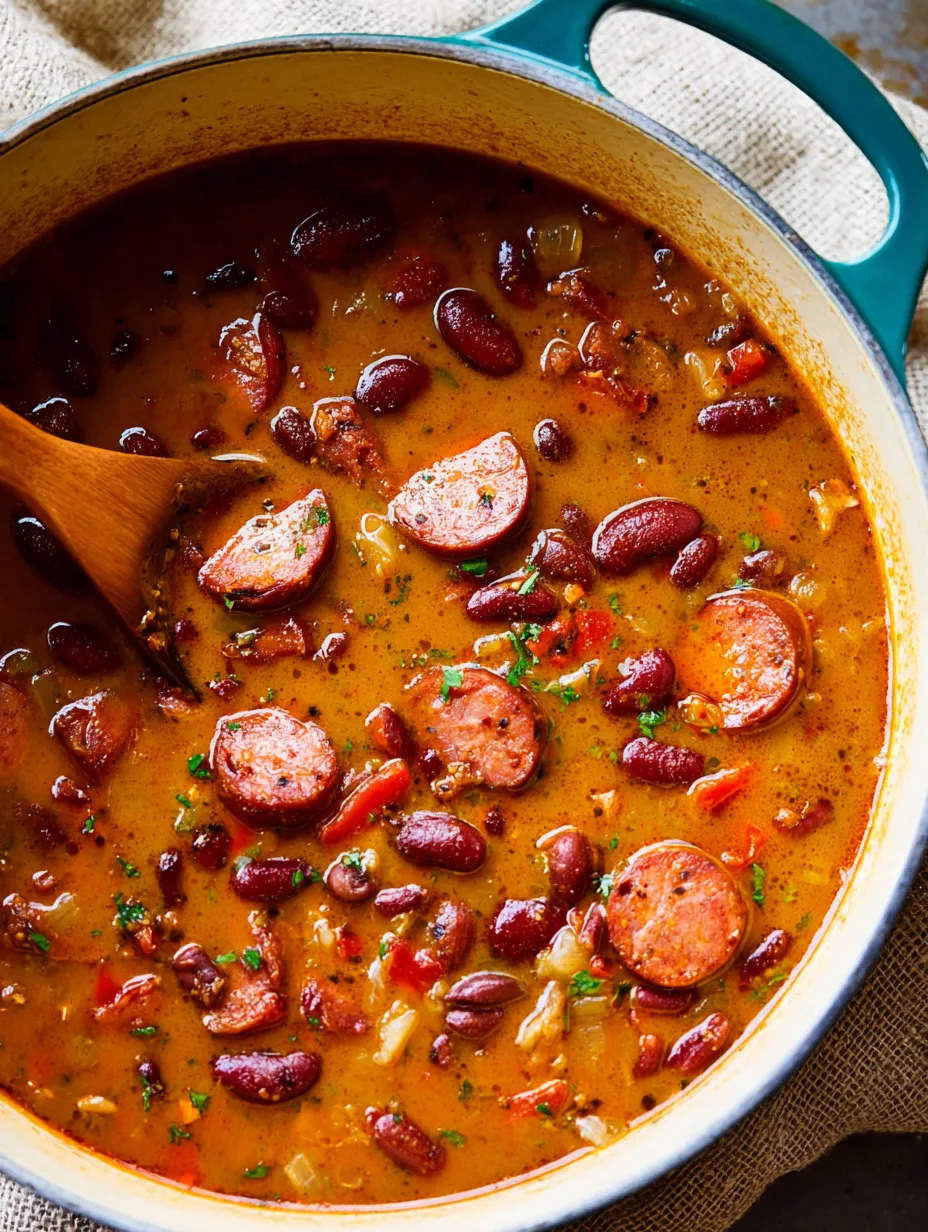 A bowl of soup with sausage and beans.