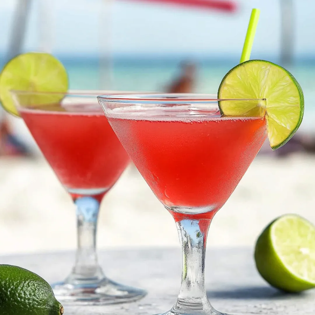 Two pink drinks in glasses with limes beside them.