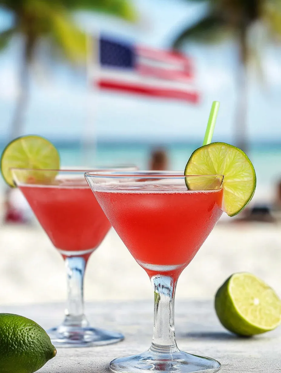 A couple of pink drinks in glasses with lime on the side.