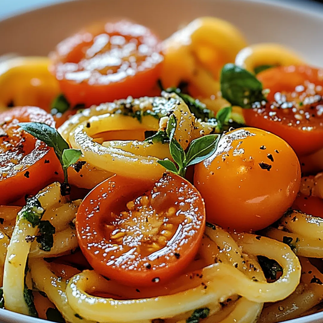 Pasta topped with juicy tomatoes and basil in a bowl.