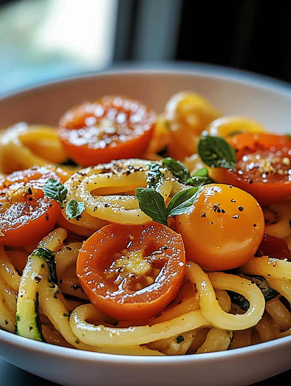 A bowl of pasta with tomatoes and zucchini.