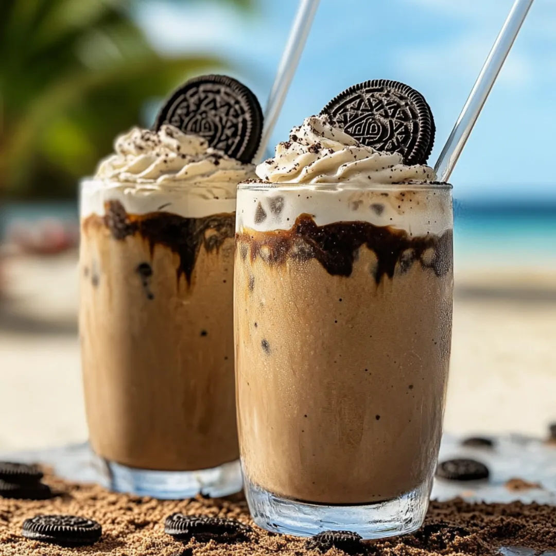 Two tall glasses filled with creamy drinks and cookies on the plate beside them.