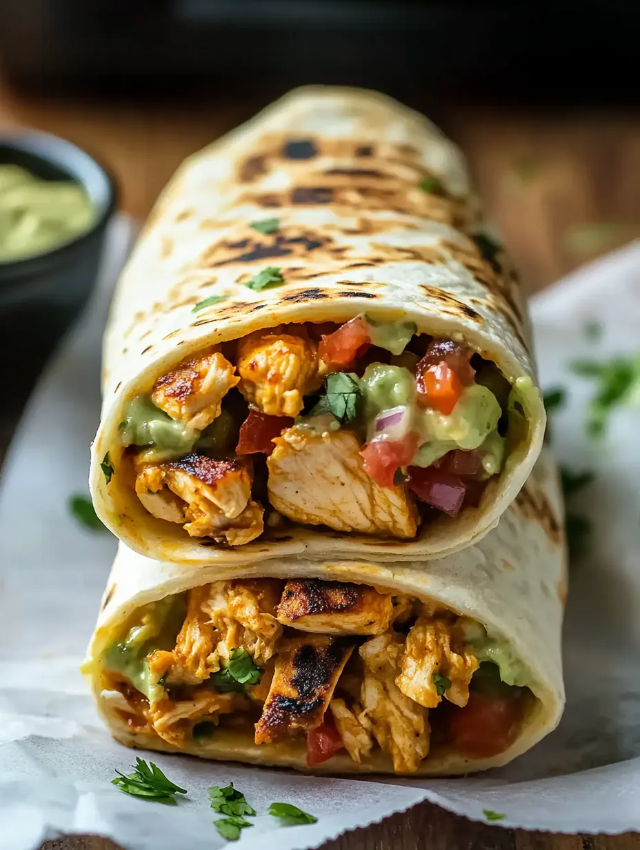 A burrito with chicken and tomatoes.