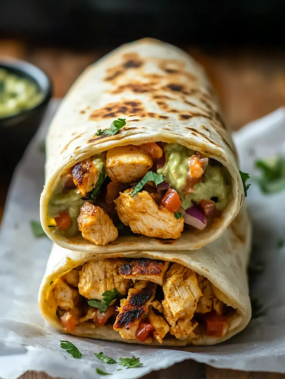 A burrito with chicken and vegetables.