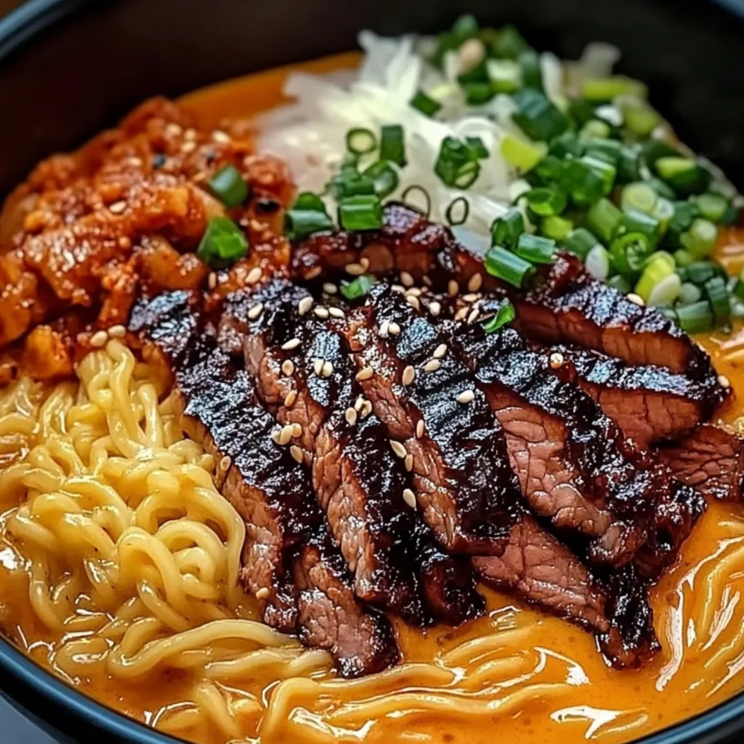 Noodle bowl topped with grilled meat and fresh veggies.