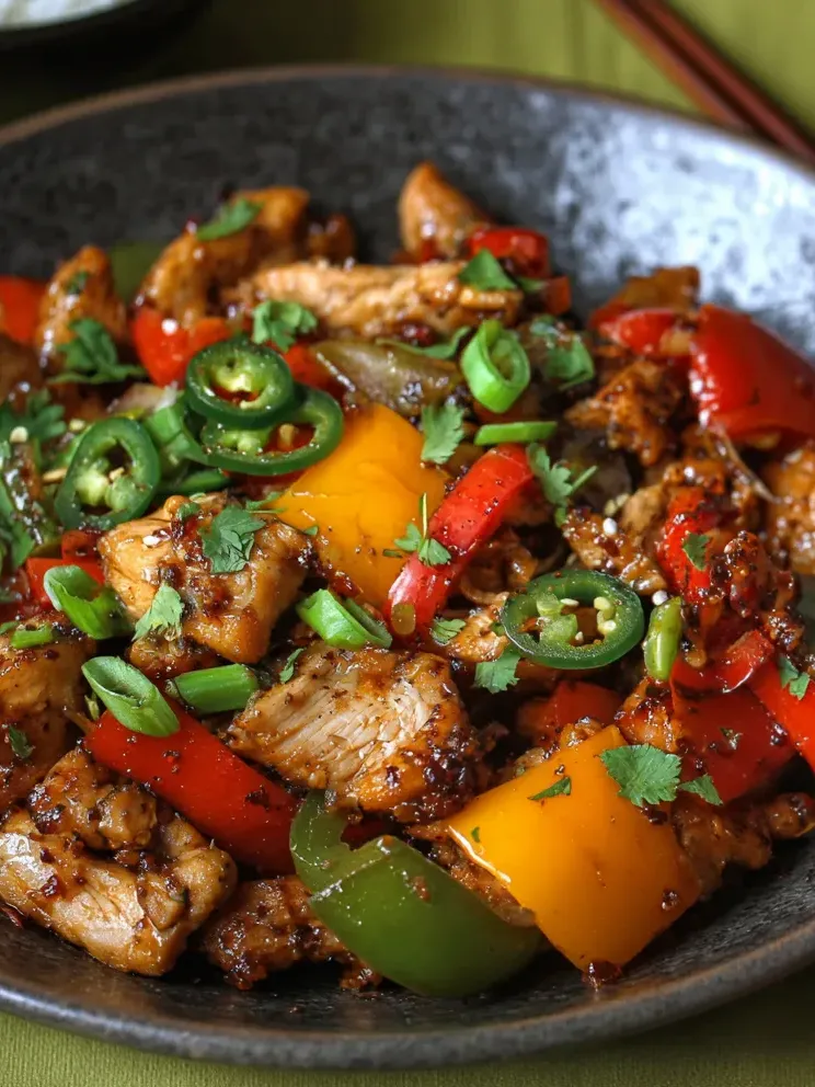 A bowl holding peppers with chicken and onion.