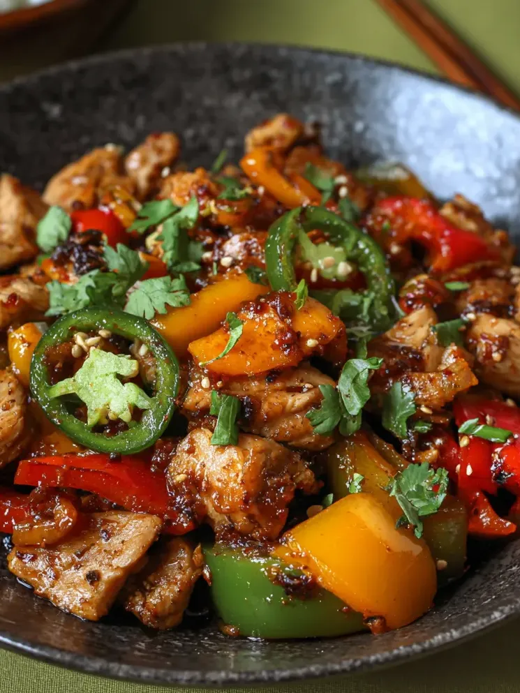 Bowl showing peppers with pieces of chicken.