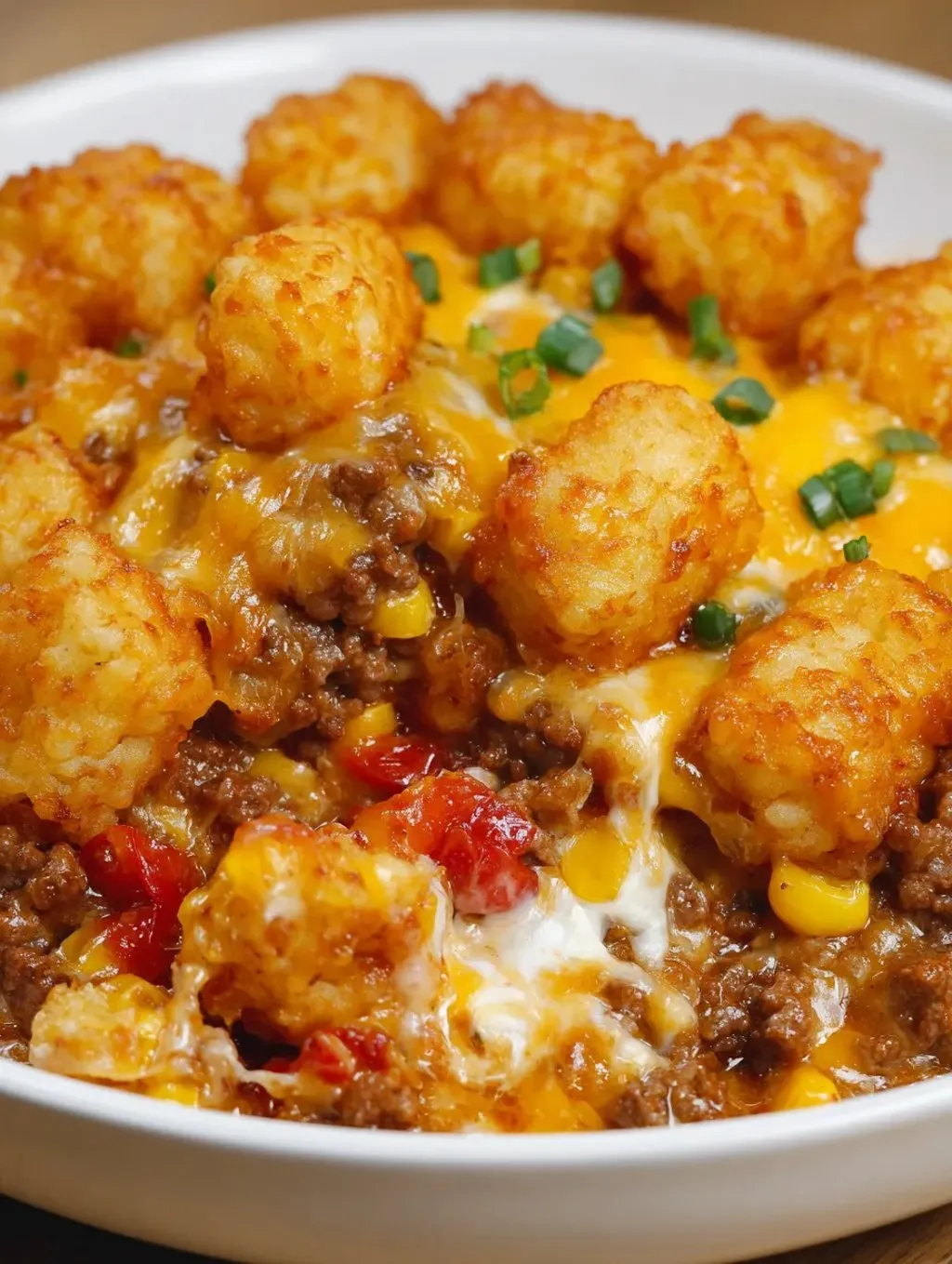 A bowl stacked with tater tots covered in cheese sauce.